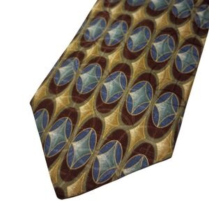 Manhattan Mens Silk Tie Gold Brown Blue Geometric Italian Fabric Necktie